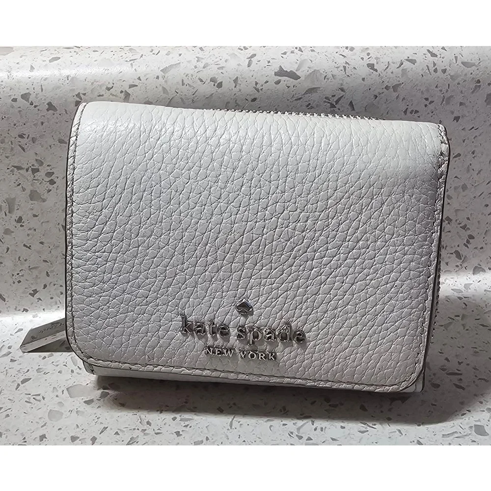 Kate Spade New York Pebbled Leather Trifold Wallet Zip Coin Pouch – Light Grey
